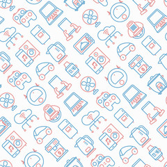 Internet of things seamless pattern with thin line icons: laptop, smart watch, cloud computing technology, kettle, speaker, smart car, robot vacuum. Vector illustration.
