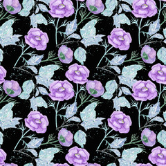 Seamless purple floral pattern on a black background.