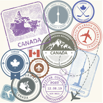 Canada travel stamps set -  journey symbols of Toronto, Canada and Quebec