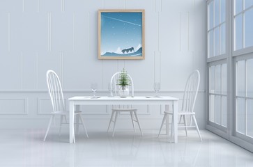 White eating room decorated with tree in vase glass,white chair and desk,window,flower,fork,spoon,wine
 glass,picture, sky.  White wall. The sun shines through the window into the shadow. 3d render.