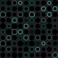 Abstract modern circles seamless pattern texture. Turquoise and black circles on dark background.