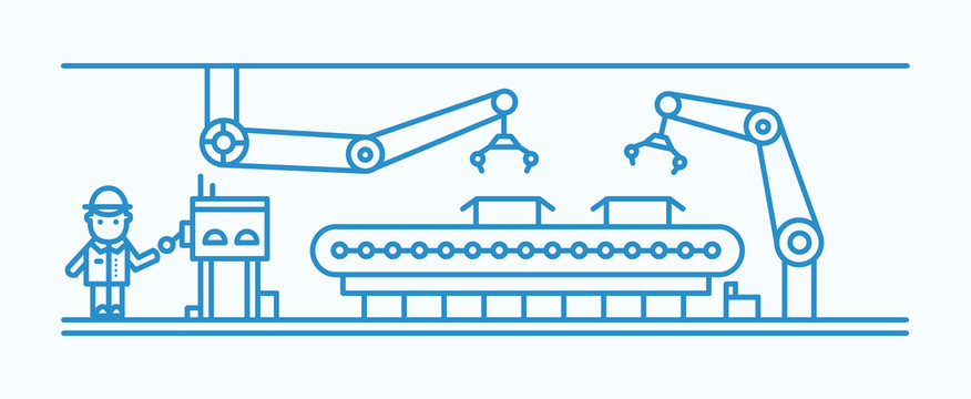 blue factory line with worker and robots clip art preview