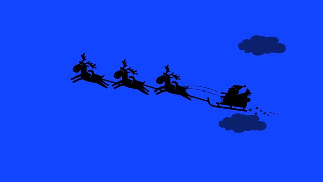 Santa Claus and his reindeers flying in the sky. Silhouette cartoon animation. Seamless loop.