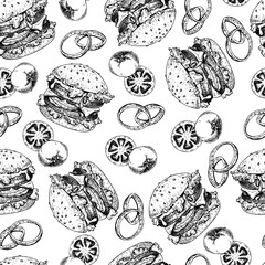 Wektorowa ręka rysujący bezszwowy wzór hamburgery, pomidor i cebula. Ręcznie rysowane zestaw fast food. Vintage grawerowane ilustracja. Pojedynczo na białym. Do restauracji, menu, street food, piekarni, kawiarni, ulotki - 184279809