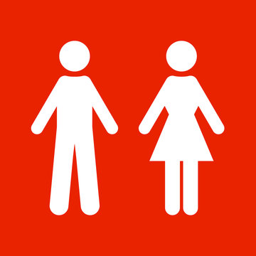 Flat vector: white silhouettes of man and woman. Isolated sign, symbol on a bright red background. 