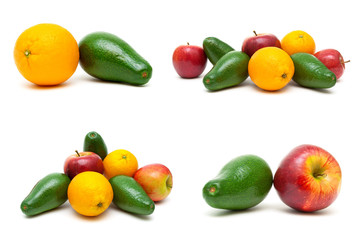 avocado and various fruits on a white background