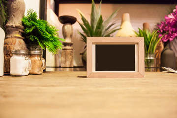 label or Blank picture frame template set for Photo or picture painting art gallery in interior on the table. acrylic tent card Used for Menu Bar and restaurant or put everything into it . mockup