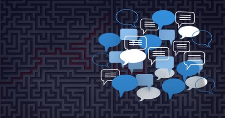 3D chat bubble icons with maze background