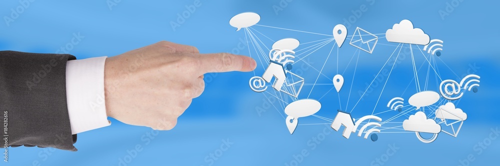 Poster hand touching with 3d mixed app connected icons