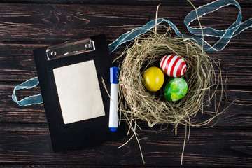 Easter eggs on wood desk