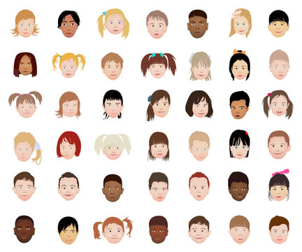A set of kids head icon collection isolated on white background. Avatars little girls and boys. Children characters profile pictures. Freely editable vector images.