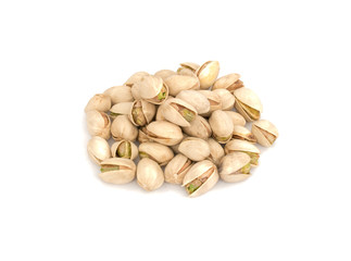 Heap of roasted Pistachio nuts isolated on white background
