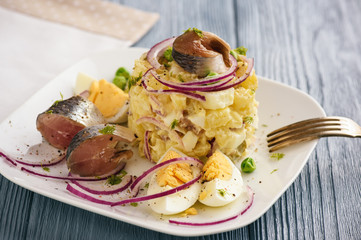 Herring salad with potato, eggs, cucumbers and onion.