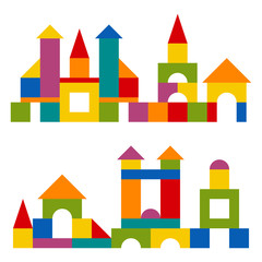 Bright colorful wooden blocks toy. Bricks childrens building tower, castle, house. Vector flat style illustration isolated on white background.