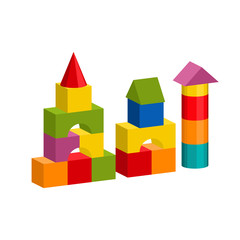 Bright colorful wooden blocks toy. Bricks childrens building tower, castle, house. Vector volume style illustration isolated on white background.