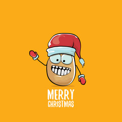 vector funky comic cartoon cute brown smiling santa claus potato with red santa hat and calligraphic merry christmas text isolated on orange background.