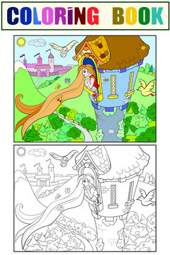 Princess Rapunzel in the stone tower coloring for children cartoon vector illustration