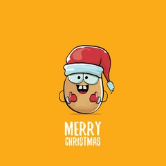 vector funky comic cartoon cute brown smiling santa claus potato with red santa hat and calligraphic merry christmas text isolated on orange background.
