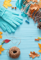 blue gloves and autumn leaves on wooden background
