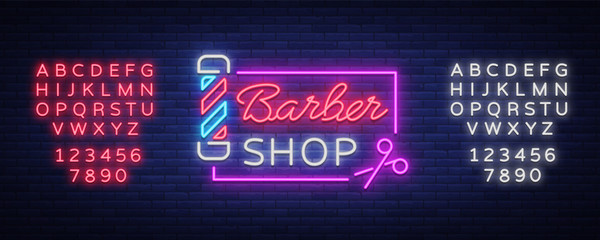 Barber shop logo neon sign, logo design elements. Can be used as a header or template for logos, labels, cards. Neon Signboard, Bright Lighting. Vector illustration. Editing text neon sign