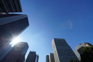 日本の東京都市風景「澄み切った青空と太陽」（日比谷公園付近の高層ビル群などを望む）