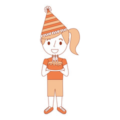 cute young little girl wearing party hat holding birthday cake vector illustration