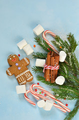 New Year's blue background with ginger biscuits, sweets and sweets. Happy New Year and Merry Christmas.