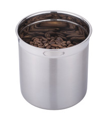 Stainless steel coffee jar with coffee beans, stages of coffee making, isolated on white background