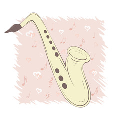 Sensual illustration of saxophone. Sax and musical notes with hearts, can be used with any image or text. Square location. Stylish vector on pink background.
