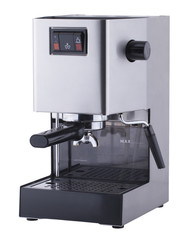 Stainless steel espresso machine, stages of coffee making, isolated on white background