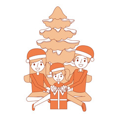 happy familiy the parents and child with christmas tree and gift vector illustration