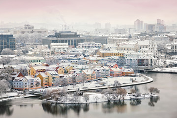 Beautiful winter view of the old town. Minsk. Belarus. - obrazy, fototapety, plakaty