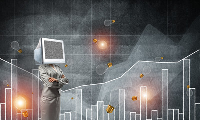 Business woman with monitor instead of head.