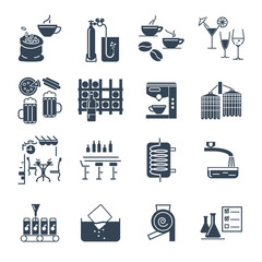 set of black icons drinks and beverages, coffee, alcohol