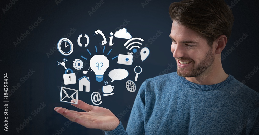 Poster mixed various app icons and businessman with hands palm open and