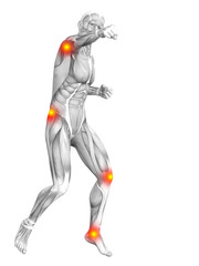 Conceptual human muscle anatomy with red and yellow hot spot inflammation or articular joint pain for health care therapy or sport concepts. 3D illustration man arthritis or bone osteoporosis disease