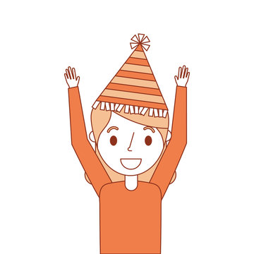portrait elderly woman grandma with party hat and arms up vector illustration