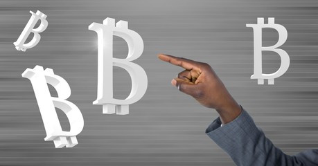 Hand touching bitcoin symbol icons