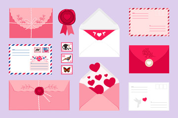Collection of different envelopes, stamps and a seal
