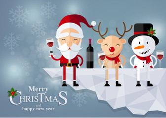 Christmas Santa Claus , reindeer and snowmen background in flat style.