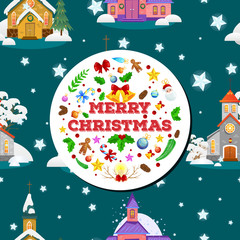 merry christmas and happy new year seamless pattern, church and green tree under snow, christianity and Catholic winter city cathedral vector illustration, religious holy background