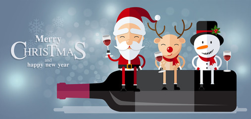 Christmas Santa Claus , reindeer and snowmen background in flat style.