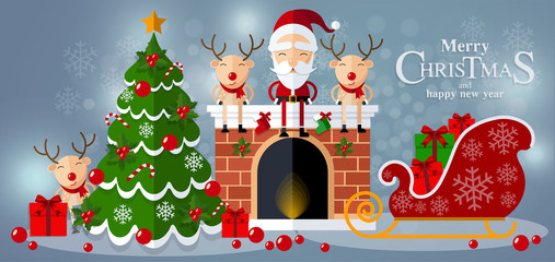 Christmas Santa Claus , reindeer and snowmen background in flat style.