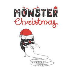 Hand drawn Christmas greeting card with a cute funny monster in Santa Claus hat, reading a long list. Isolated objects on white background. Design concept kids, winter holidays. Vector illustration.