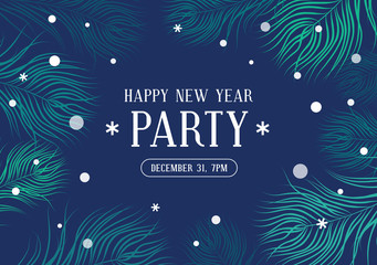 Fototapeta na wymiar Happy new year party invitation with fir branches and snowflakes