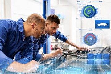mechanic men with wrench repairing car at workshop