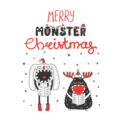 Hand drawn Christmas greeting card with cute funny monsters in Santa Claus hats, singing carols. Isolated objects on white background. Design concept for children, winter holidays. Vector illustration