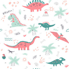 Vector seamless childish pattern with colorful dinosaurs