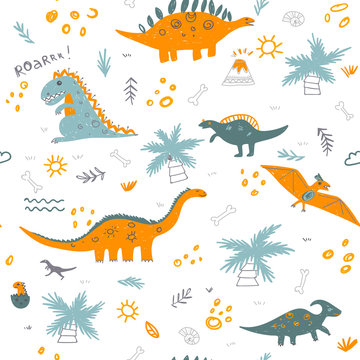Vector seamless childish pattern with colorful dinosaurs