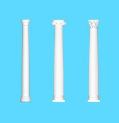 3d render Ionic Doric Corinthian column for roman Greece Architecture blue background